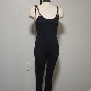 Women's Chic Black Jumpsuit with Leopard Straps